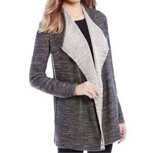 Eileen Fisher Plaited Gray Cotton Long Cascading Cardigan Open Front Size Large